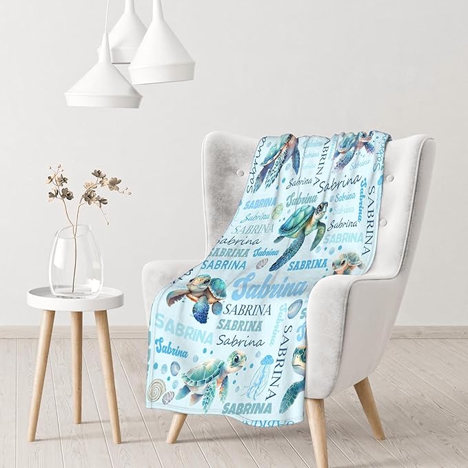 Personalized Baby Blanket for Girls Boys Kids Sea Turtle Custom Baby Blanket with Name Throw Birthday Gift for Toddlers Infants Shower Newborns Nursery Stroller Crib Bed Decor