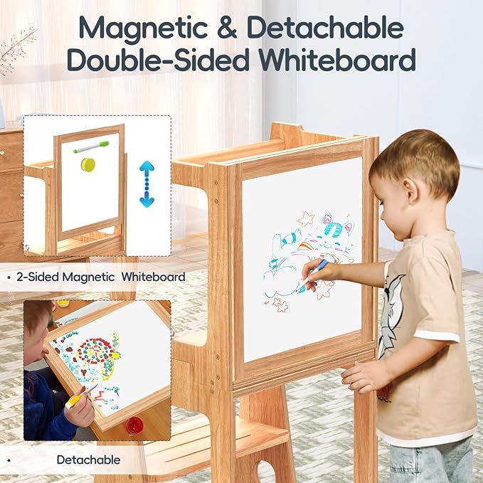 4 in 1 Kids Toddler Kitchen Stool Helper with Double-Sided Whiteboard, Wooden Toddler Learning Standing Tower, Non-Skid Feet Children Step Stool for Kitchen Counter, Bathroom Sink, Adult Use