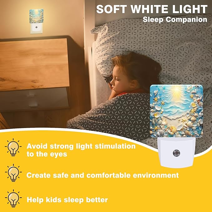 Night Light Seashells and Seastars on Sand Night Lights Plug into Wall Smart Dusk to Dawn Sensor 0.5W Energy Efficient Led Lamp for Men Women Bedroom Bathroom Hallway Stairway Decor