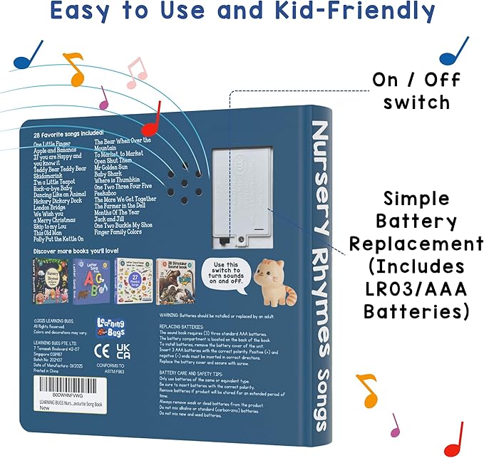 LEARNING BUGS Fun Favorite Nursery Rhymes – Sing Along with 28 Nursery Rhymes, Musical Books for Toddlers, 28-Button Music Book, Musical Toys for Toddlers 1-3