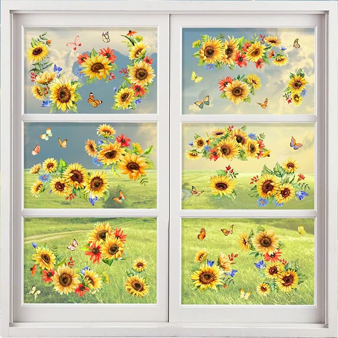 Sunflower Window Decals & Clings - Spring & Fall Decorations for Bedroom, Nursery, Living Room - Birthday Parties & Holidays