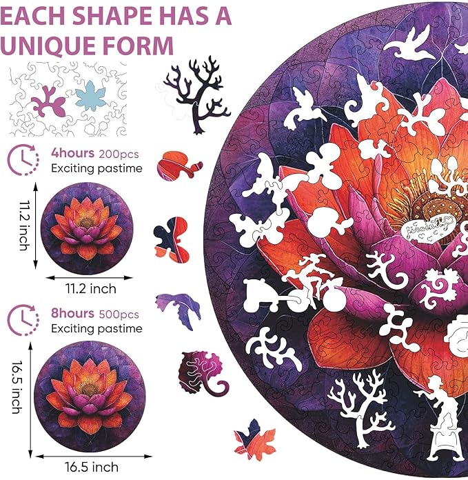 Jiroinlly Flower Wooden Puzzle for Adults, Round Mandala Color Challenge Jigsaw Puzzles 500 Piece, Family Reunion Puzzle for Adults and Kids, Best Gift for Family Friends Royal 16.5x16.5in