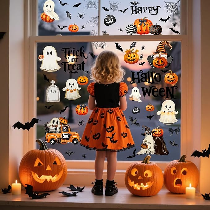 Halloween Window Clings,Double-Sided Reusable Window Decals,Vintage Ghost Pumpkin Bat Stickers for Glass Windows,Home Shop Glass Decorations,9 Sheets