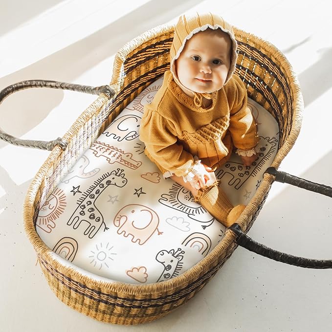 Yoofoss Bassinet Sheets for Baby,3-Pack Fitted Bassinet Sheets Set Compatible with Halo Bassinest Swivel Sleeper,Baby Delight,Angelbliss,Soft Breathable Bassinet Mattress Sheets (Brown+Animals)