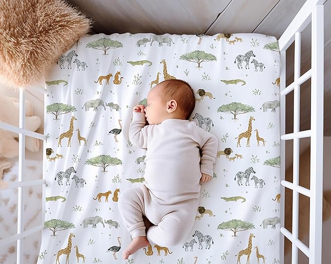 Crib Sheets Neutral - Fitted Baby Crib Sheets Bed for Girl Boy - 2 Pack Standard & Toddler Mattress (Safari Adventure) - Buttery Soft Organic Cotton Blend