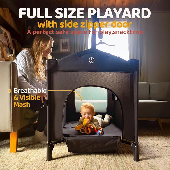 HARPPA Pack and Play 5 in 1, Portable Baby Playard for Travel, Baby Bassinet Bedside Sleeper with Mattress, Rolling Bassinet for Infant, Pack n Play with Changing Table, Bed Crib(Black)