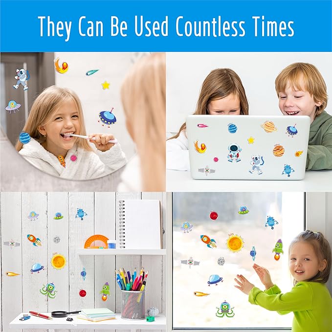 40PCS Space Jelly Stickers, Universe Thick Window Door Clings Removable Reusable Planet Gel Clings Decals for Kids Toddlers Adults Home Classroom Nursery Decorations Party Supplies (Not Edible)