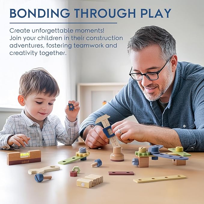 ROBUD Wooden Toy Workbench, Large Kid's Wooden Play Tool, Pretend Play Creative Building Set, Construction Workshop Tool Bench Toys, Gift for Girls & Boys, 3+