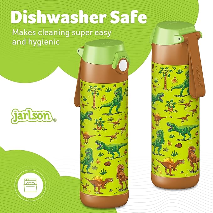 Jarlson® Mali Children's Water Bottle, Thermal Stainless Steel Water Bottle, BPA-Free, Leak-Proof, Children's Bottle with Chug Lid, Bottle for School, Nursery (Dinosaurs, 500 ml)