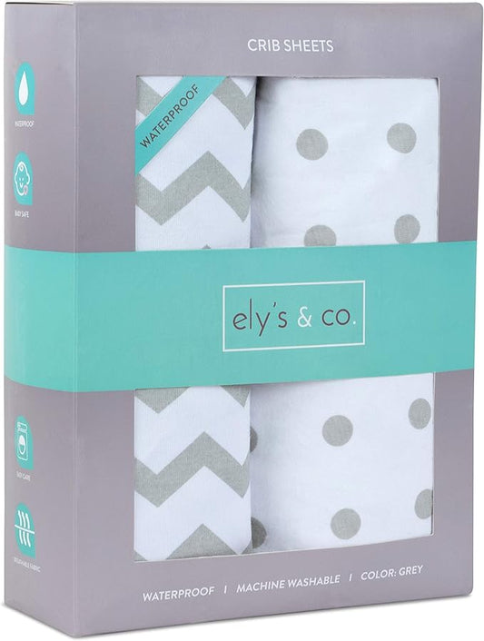 Ely's & Co. Patent Pending Waterproof Crib Sheet | Toddler Sheet, No Need for Mattress Pad Cover, 2 Pack Grey Chevron and Polka Dots, Unisex for Baby Boy and Baby Girl