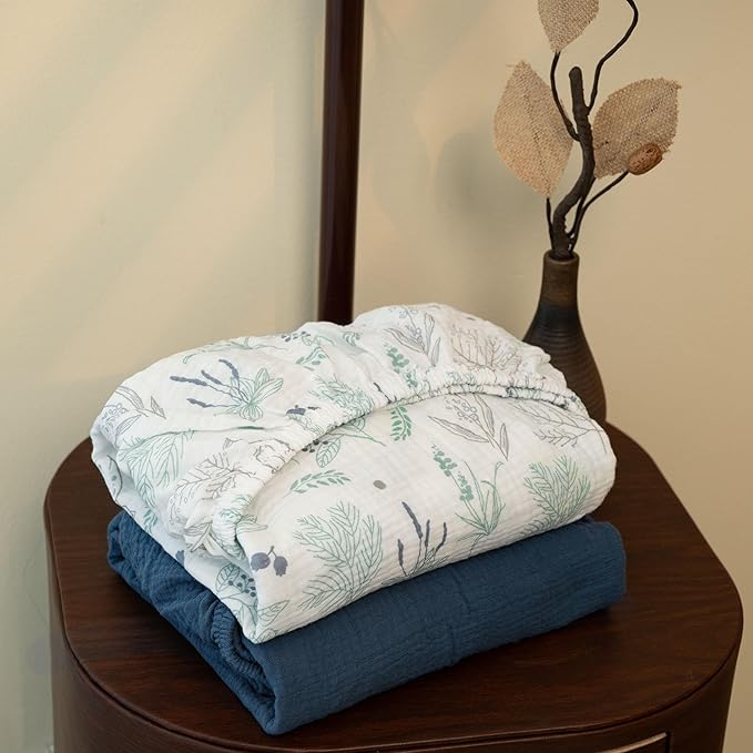 Muslin Mini Crib Sheets, 2 Pack for Baby Boy and Girl, Soft Breathable Stretchy Baby Pack N Play Mattress and Mini Cribs Sheet, Universal Fitted Portable/Mini Crib Mattresses (Blue Deer)