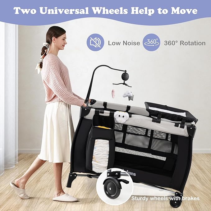 INFANS 3 in 1 Pack and Play, Portable Travel Baby Crib Bassinet with Detachable Mattress, Newborn Changing Table, Foldable Playpen with Carry Bag and 2 Wheels (Morden)