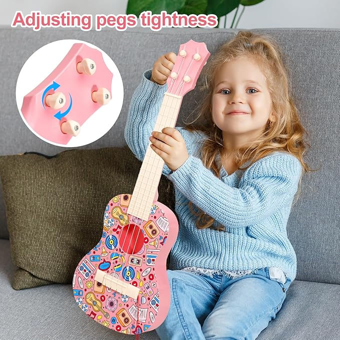 LeeQee 21in Colorful Graffiti Ukulele Guitar for Kids, 4 Strings Kids Guitar Ukulele Musical Instruments Learning Educational Toys with Picks for 3 4 5 6 7 8 9 10 11 12 Toddler Boys Girls (Pink)