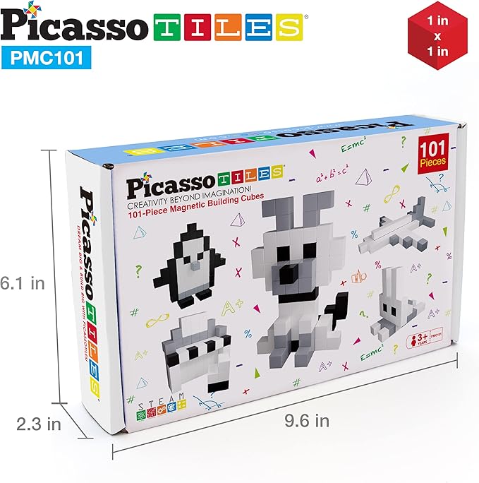 PicassoTiles 101pc Magnetic Puzzle Cube Set Black and White 1 Inch Construction Blocks STEM Educational Toy for Kids Age 3 Plus Sensory Learning Kit with Idea Book for Building and Creativity PMC101