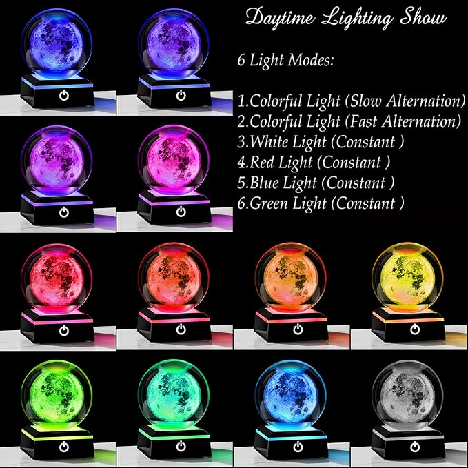 Qianwei 3D Moon Model Crystal Ball Led Lamp Base - Space Decor World Globe Planets Sphere Night Light 80mm 3.15 Inch - Solar System Decor Best Birthday Astronomy Gifts for Men Physics Science Teacher