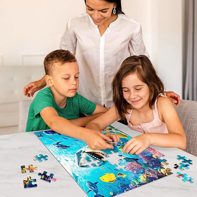 100 Piece Puzzles for Kids Ages 4-8 - Grinning Shark Marine Life - Jigsaw Puzzles for Kids Ages 3-5 6-8 8-10 Year Old Colorful Undersea World Puzzles for Boys and Girls Educational Learning Toys