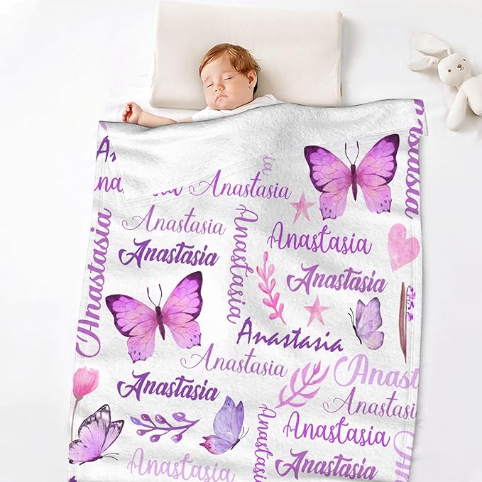 Personalized Baby Blanket for Girls Boys Kids Butterfly Custom Baby Blanket with Name Throw Birthday Gift for Toddlers Infants Shower Newborns Nursery Stroller Crib Bed Decor