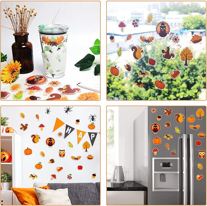 20 PCS Autumn Clings Fall Thick Gel Cling Window Gel Decals Stickers for Kids, Toddlers and Adults Home Airplane Classroom Nursery Autumn Fall Thanksgiving Party Supplies Decorations (Thanksgiving)