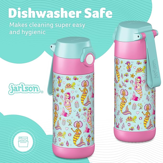 Jarlson® Mali Children's Water Bottle, Thermal Stainless Steel Water Bottle, BPA-Free, Leak-Proof, Children's Bottle with Chug Lid, Bottle for School, Nursery (Mermaid, 350 ml)