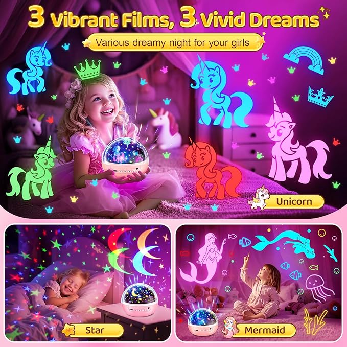 Girl Toys Age 1-10 Years Old, 【3 Film & 93 Colors】Princess Toys Mermaid Toys Unicorn Toys for Girls Age 4-6 Night Light for Kids Projector, Remote Control Little Girls Toys, Girl Gifts Toys for 3-8