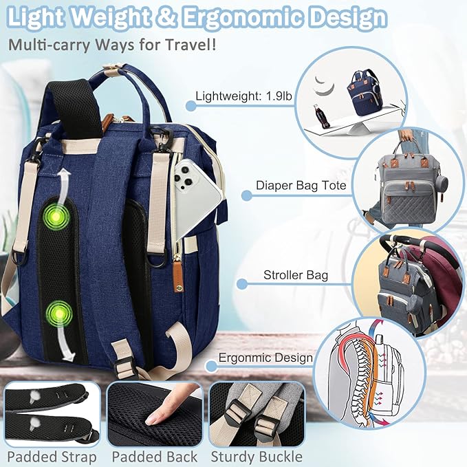 Diaper Bag Backpack Baby Bag, Baby Girl Boy Diaper Bag for Dad Mom with Pad, 16 Pockets, Pacifier Case, Large Diaper Bags Unisex for Travel (Blue)