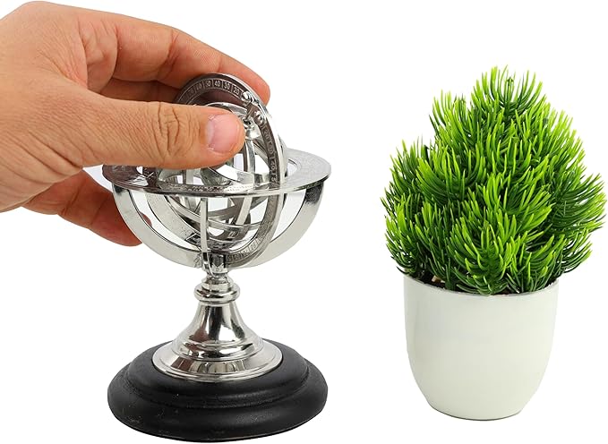 Antique Vintage Zodiac Armillary Brass Sphere Globe Wooden Display | Pirate's Antique Ship Decor | Nagina International (Small, Nickel Plated)