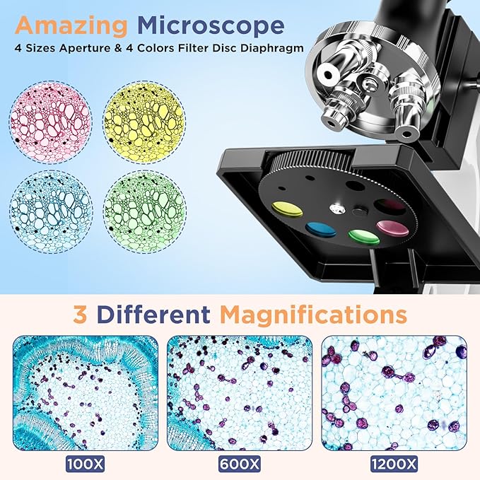 100X-1200X Kids Microscope Kit for Children: Compound Microscope for Kid STEM Biology Discovery - Science Experiments Microscopio Set with Metal Frame, Carrying Box Educational Gift for Child 8-12