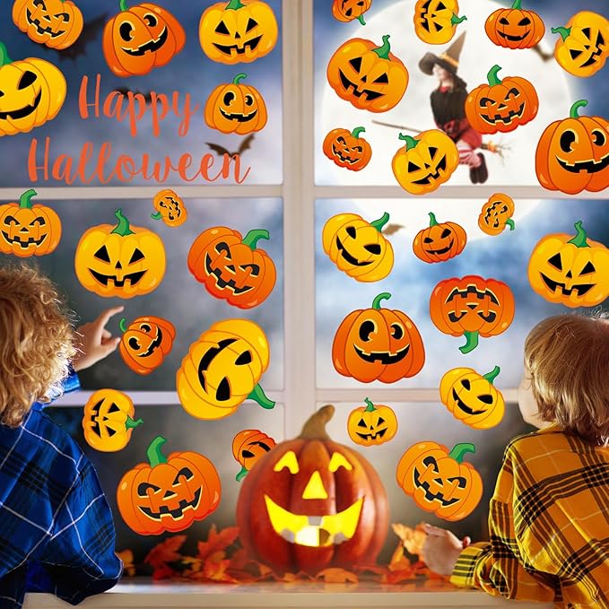 AnyDesign 9 Sheet Halloween Pumpkin Window Clings Funny Pumpkin Expressions Double-Sided Window Stickers Decorative Window Decals Reusable for Halloween Home School Office Accessories Party Supplies