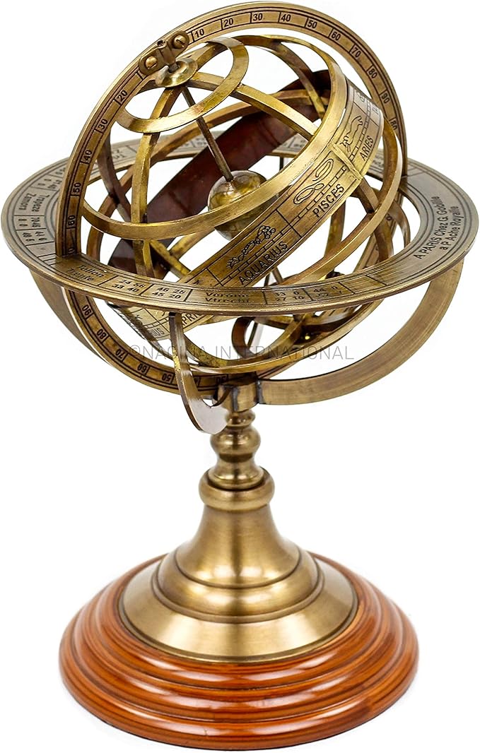 Antique Vintage Zodiac Armillary Brass Sphere Globe Wooden Display | Pirate's Antique Ship Decor | Nagina International (Large, Antique Brass)