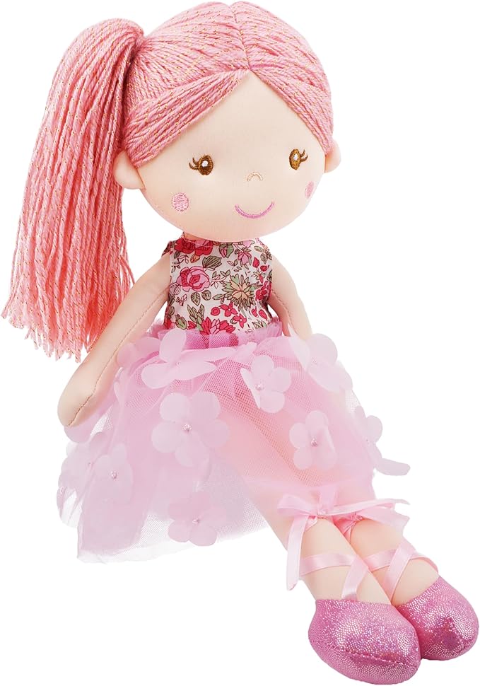 June Garden 15" Ballerina Plush Doll Rosalie - Soft Pink Hair Doll in Floral Dress & Tulle Skirt with Ballet Shoes - Gift for Girls & Toddlers