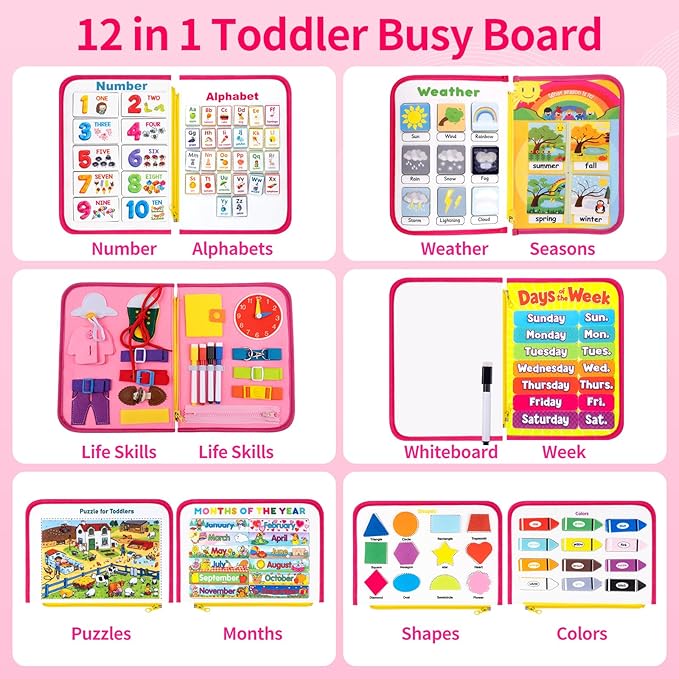 12-Page Toddler Busy Board Montessori Toys, Busy Book for Toddlers, Girl Birthday Gift,Toddler, 24 in 1 Activity Sensory Toys for Motor Skills, Travel Toy for Car Airplane (Pink)