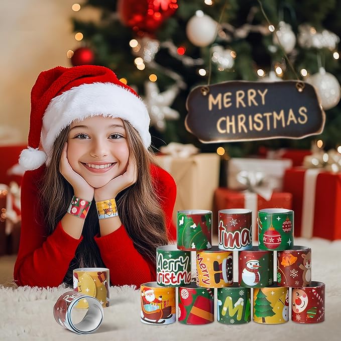 Childom 36 Pcs Christmas Slap Bracelet,Xmas Bracelet Gifts,Christmas Decorations,Birthday Goodie Bag Stuffers for Party Favors,Bracelets Bulk for Birthday Holiday School Classroom Prizes Outdoor