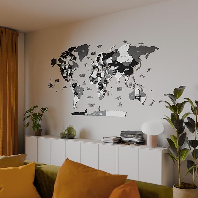 Colorfull Worlds 3D Wooden World Map Wall Art | Unique Wall Decor with Pins for Travel Enthusiasts | Home and Office Wall Décor | Grey | Medium