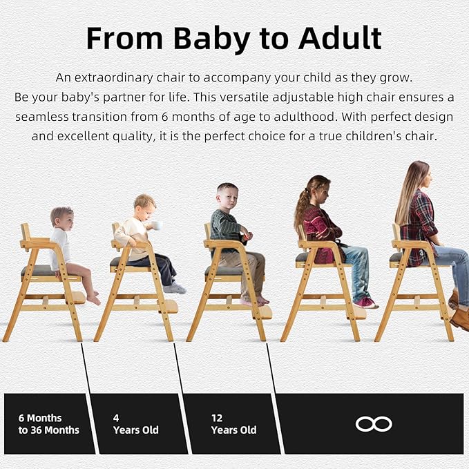 Solid Wood High Chair for Babies&Toddlers, Baby Highchair, Adjustable HighChair for Babies/Toddlers with Removable Cushion, Children Kids Dining Chair, Teens Study Chair with Steps (Natural)