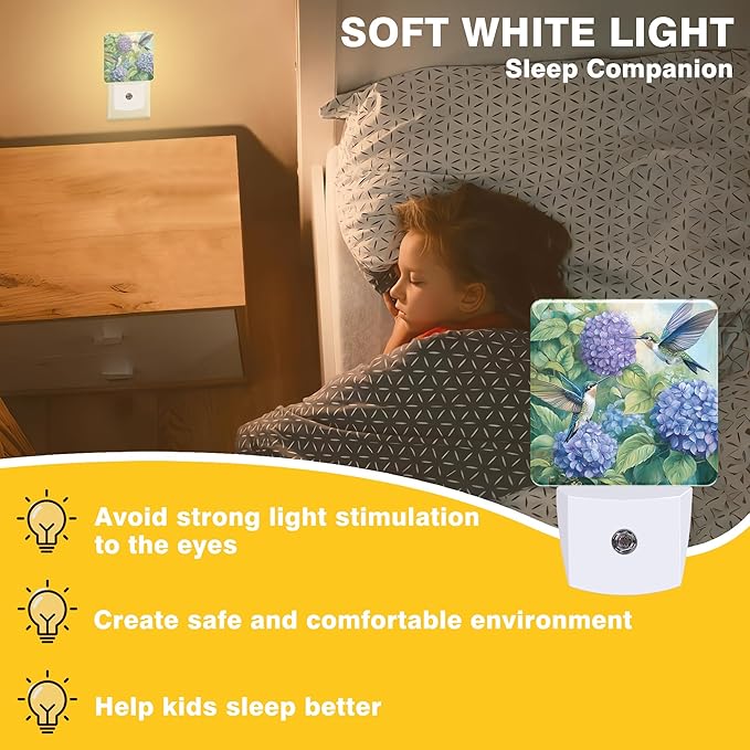 Night Light Hummingbird and Hydrangea Night Lights Plug into Wall Smart Dusk to Dawn Sensor 0.5W Energy Efficient Led Lamp for Men Women Bedroom Bathroom Hallway Stairway Decor