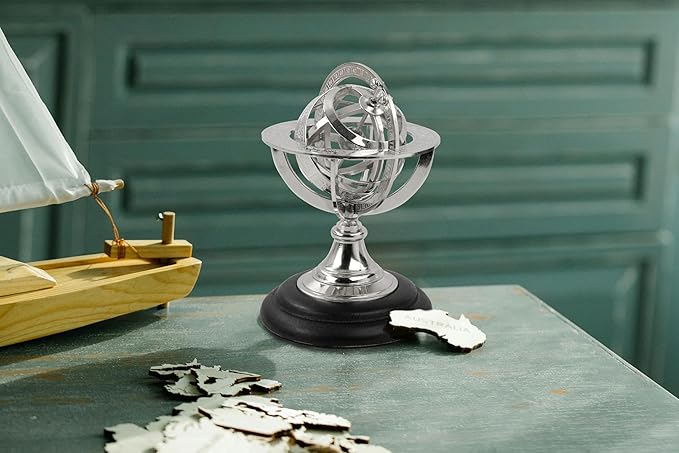 Antique Vintage Zodiac Armillary Brass Sphere Globe Wooden Display | Pirate's Antique Ship Decor | Nagina International (Small, Nickel Plated)