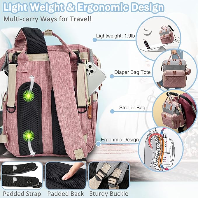 Diaper Bag Backpack Baby Bag, Baby Girl Boy Diaper Bag for Dad Mom with Pad, 16 Pockets, Pacifier Case, Large Diaper Bags Unisex for Travel(Pink Grey)