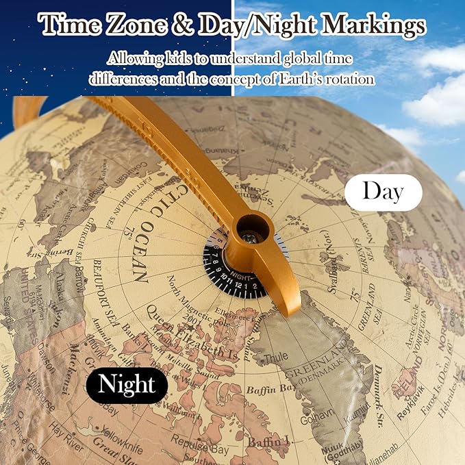 12" Illuminated World Globe, Desktop Globe with Raised Relief, LED Lights, Time Zone & Non-Slip Wooden Base, Geographic Terrain Globes for Decoration (Bronze)