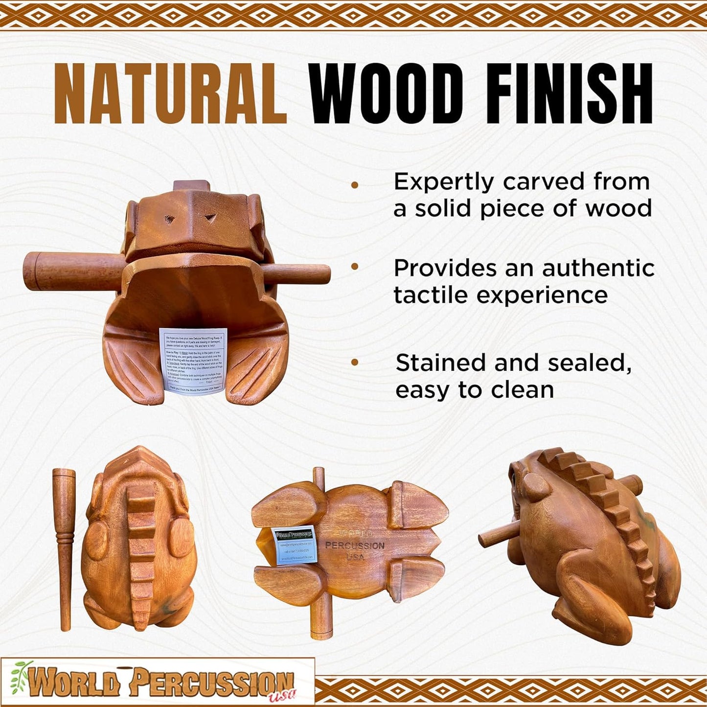 Deluxe Jumbo 11" Wood Frog Guiro Rasp - Percussion Musical Instrument Tone Block - Wooden Instrument with Stick, Frog Noise Maker by World Percussion USA