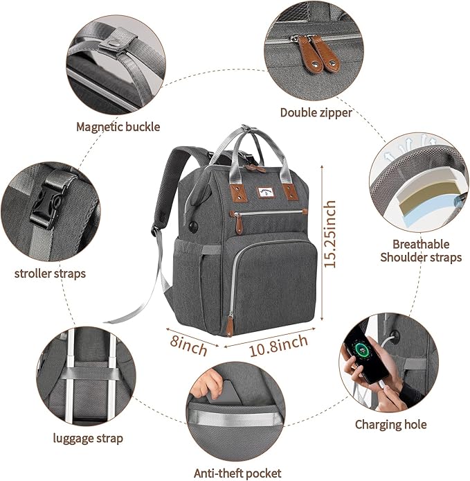 Diaper Bag Backpack:Baby Bag Large Tote Diaper bag for Boys and Girls, Men's Diaper Backpack, Women's Shoulder Mommy Bag, 2 Kids Nappy bag for mom and dad Gray