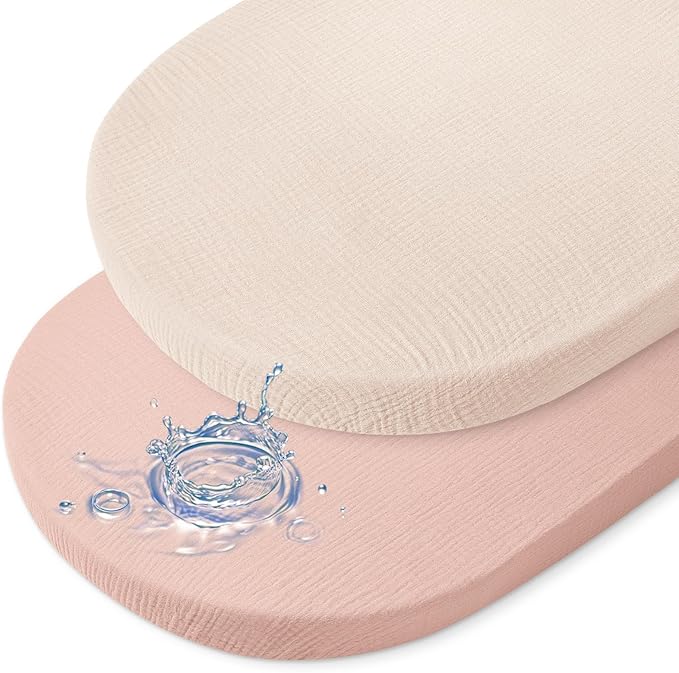 Baby Bassinet Sheets TPU Waterproof 2 Pack Soft Muslin Bedside Bassinet Mattress Sheets with Bottom Elastic Band for Baby Boy Girls Unisex Fit Hourglass Oval and Rectangle, Pink Beige
