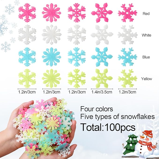 100PCS Removable Colorful Glow In the Dark Snowflake Wall Decor Fluorescent Noctilucent Plastic Glowing Snowflakes Wall Stickers Christmas Decal for Wall Ceiling Kids Girls Nursery Bedroom Living Room