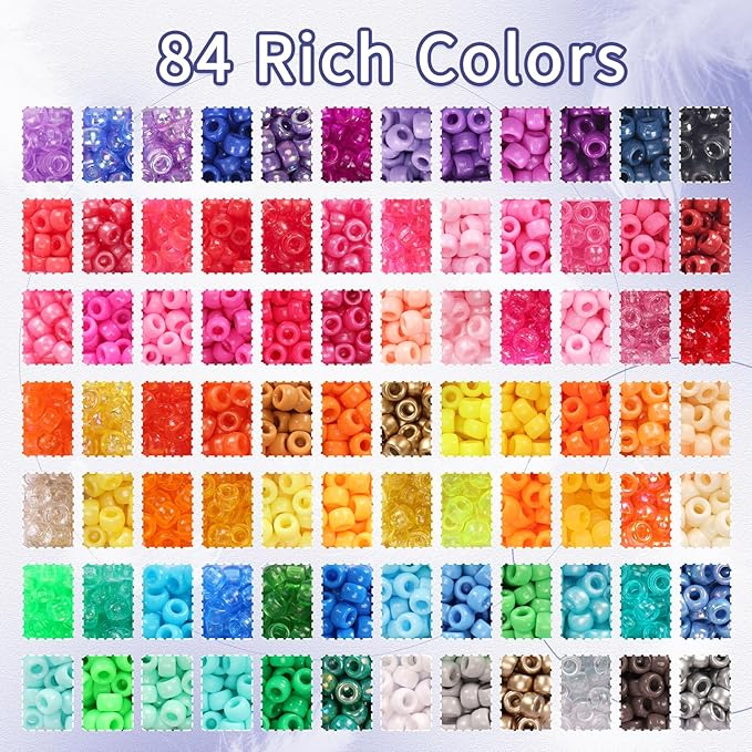 QUEFE 4900pcs Pony Beads Kandi Bracelet Kit, Friendship Bracelet Making Kit with 84 Colors Kandi Beads, Hair Beads and Letter Heart for Craft Gifts Bracelets Jewelry Making with Elastic Strings