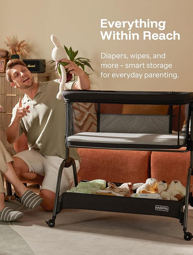 HARPPA Cuddly Bassinet, 2 in 1 Baby Bassinet with Breathable Mesh and Mattress, 6 Height Adjustable, Bedside Sleeper with Anchor Strap, Storage Basket and Wheels