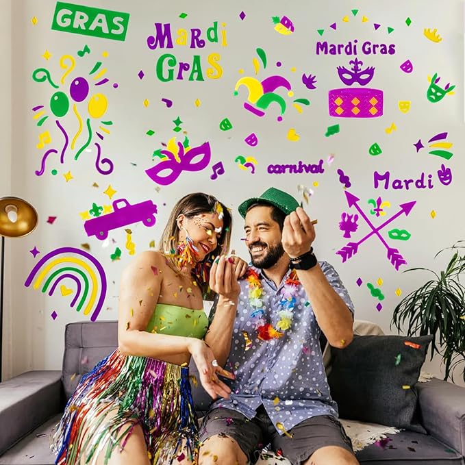 Mardi Gras Decorations - Window Gel Clings, Mask, Balloons, Clown Clings for Glass Windows, Party Decorations