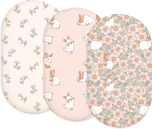 Bassinet Sheets for Baby Girls Boys 2 Pack, Fitted Baby Mattress Sheet for Rectangle, Oval, Hourglass Bassinet Mattress, Breathable Cozy & Universal Fit (Blush Bunny)