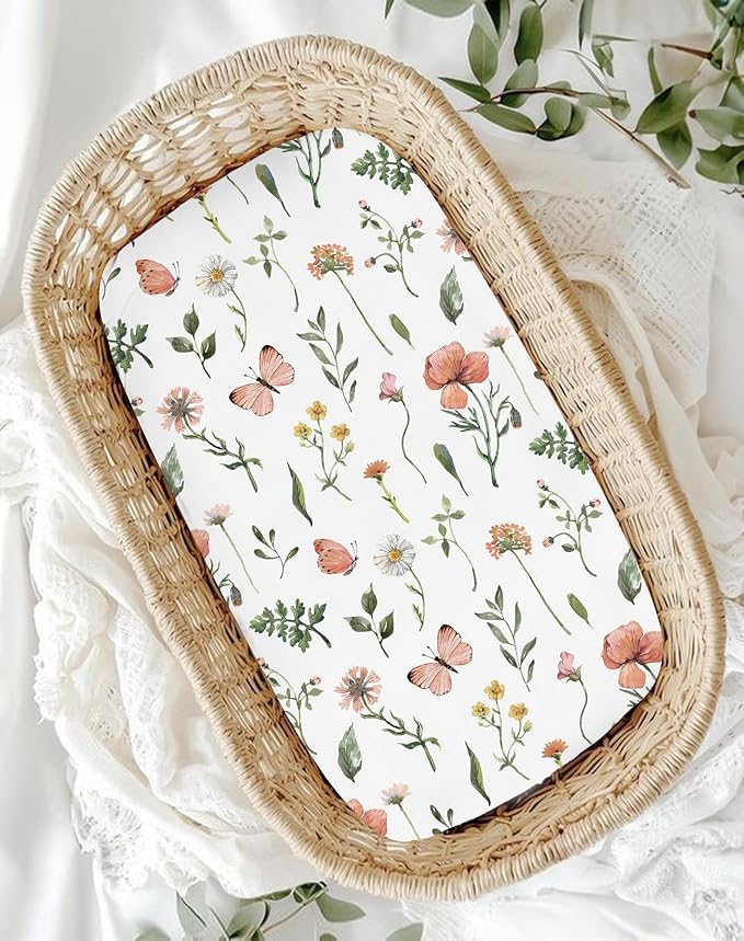 Bassinet Sheets for Baby Girls Boys 2 Pack, Fitted Baby Mattress Sheet for Rectangle, Oval, Hourglass Bassinet Mattress, Breathable Cozy & Universal Fit (Butterfly Garden)