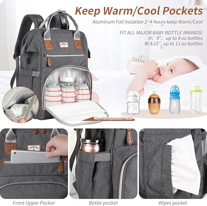 Diaper Bag Backpack:Baby Bag Large Tote Diaper bag for Boys and Girls, Men's Diaper Backpack, Women's Shoulder Mommy Bag, 2 Kids Nappy bag for mom and dad Gray