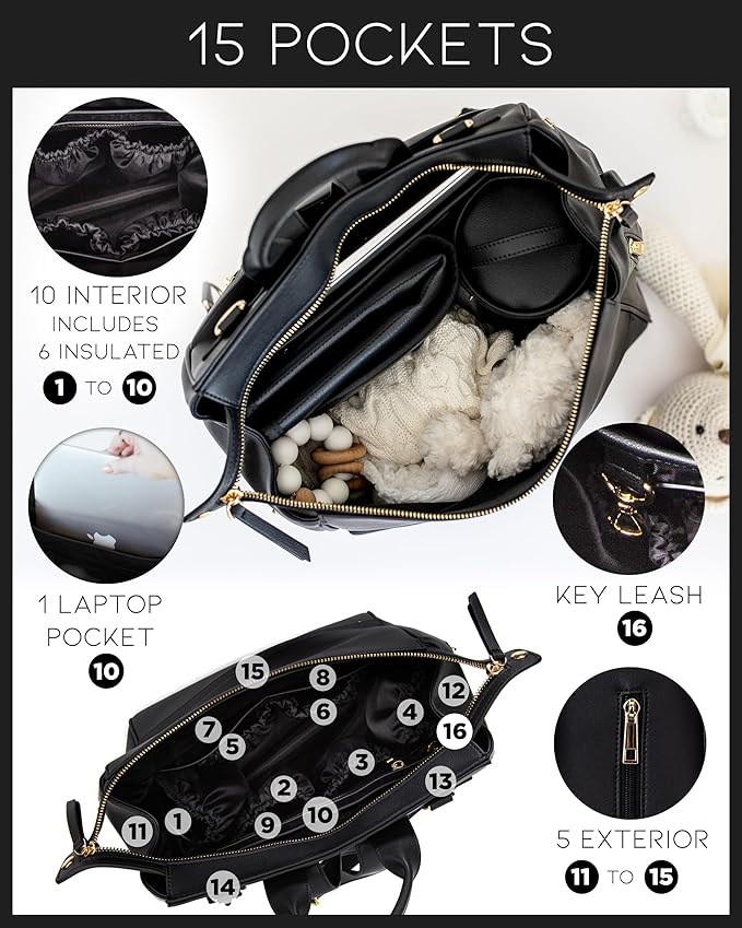 MIA + SOPHIA Leather Diaper Bag Backpack with USB Charging port, Changing Pad, Stroller Straps, and Bottle Holder (Black Sophia)