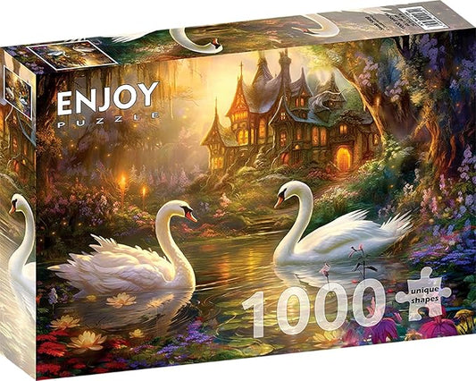 1000 Pieces Jigsaw Puzzle for Adults – Matte Finish, Soft Touch, Easy to Assemble, Tight Fit, Vivid Colors, Missing Pieces Service – Swans Flower Pond and Fantasy Forest House by ENJOY Puzzle